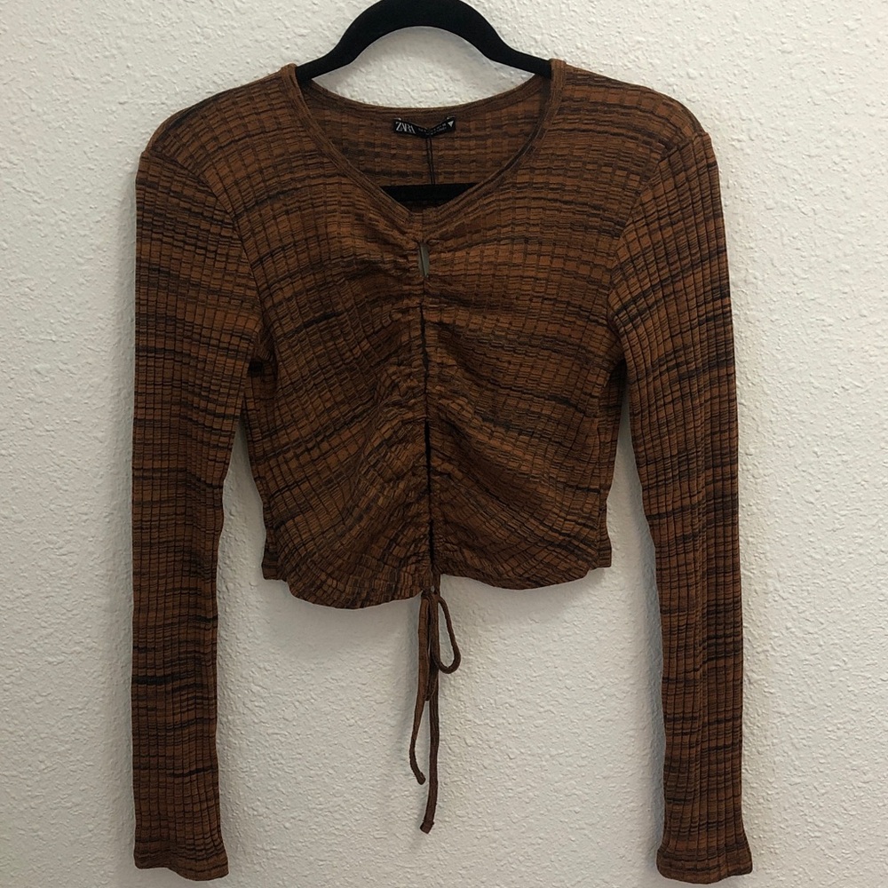 Zara Brown Ribbed Ruched Front Crop Top